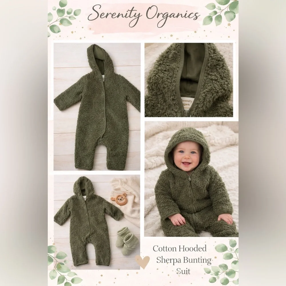 New With Tags Organic Cotton Sherpa Hooded Bunting | Olive Green | 18M